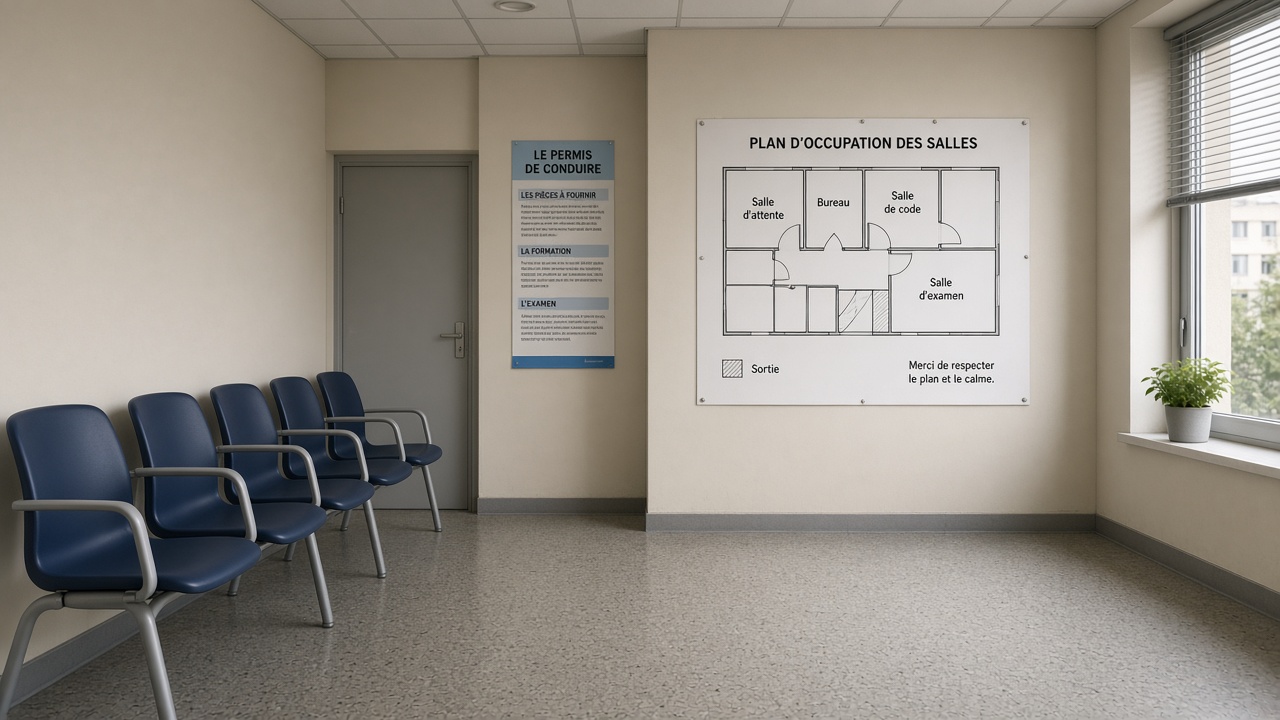 Salle d'attente d'organisme de formation avec plan mural