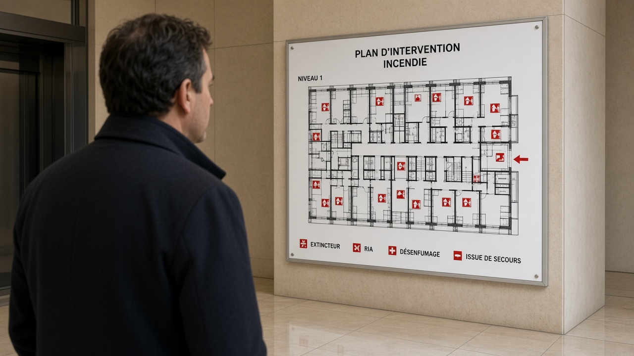 Lecture d'un plan d'intervention contrasté dans un hall d'ERP