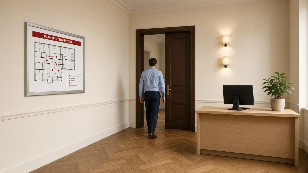 Hall d'entrée d'un cabinet professionnel avec plan d'intervention affiché