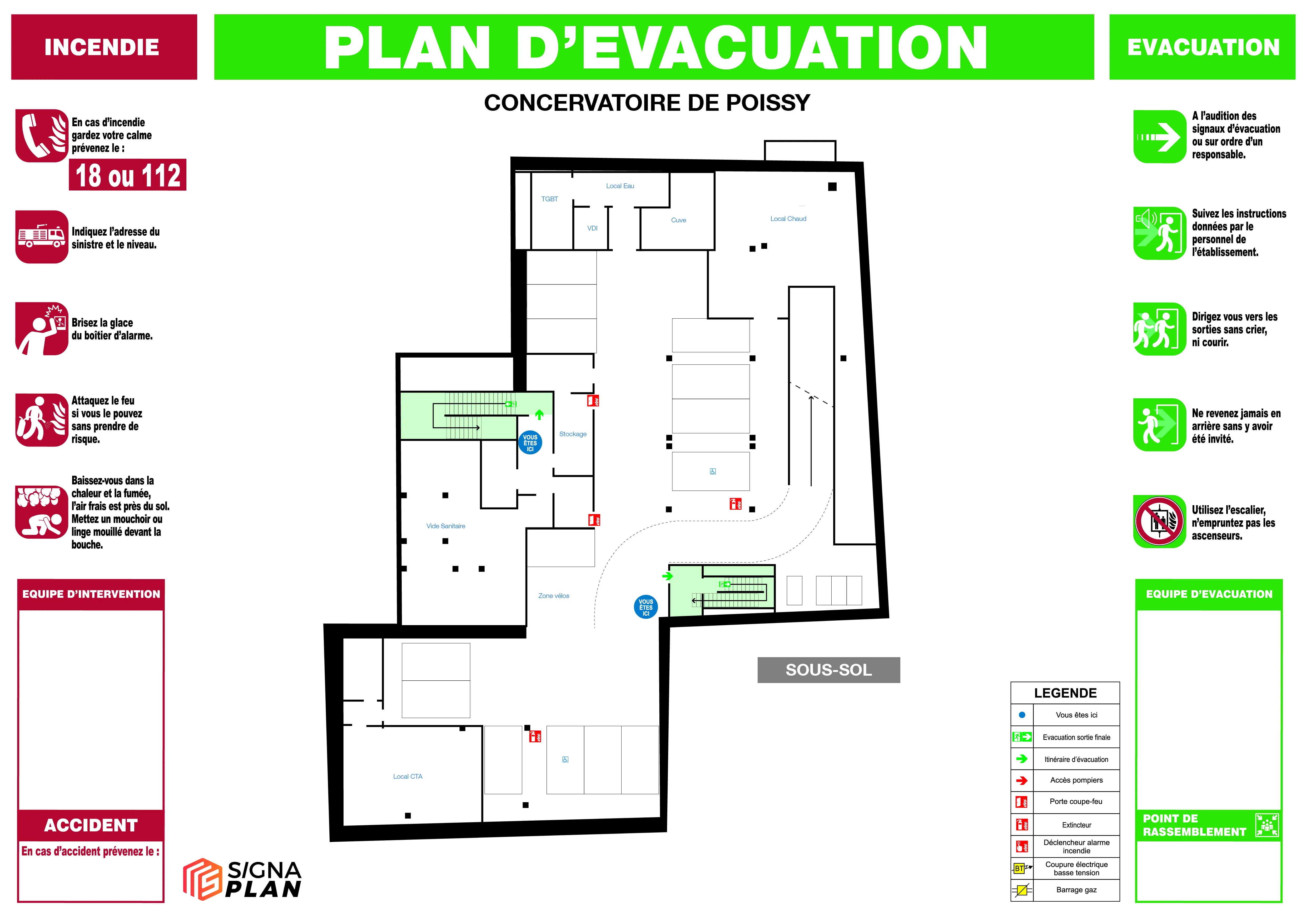 Plan d'évacuation NF X 08-070 avec pictogrammes ISO 7010, PAO Signaplan